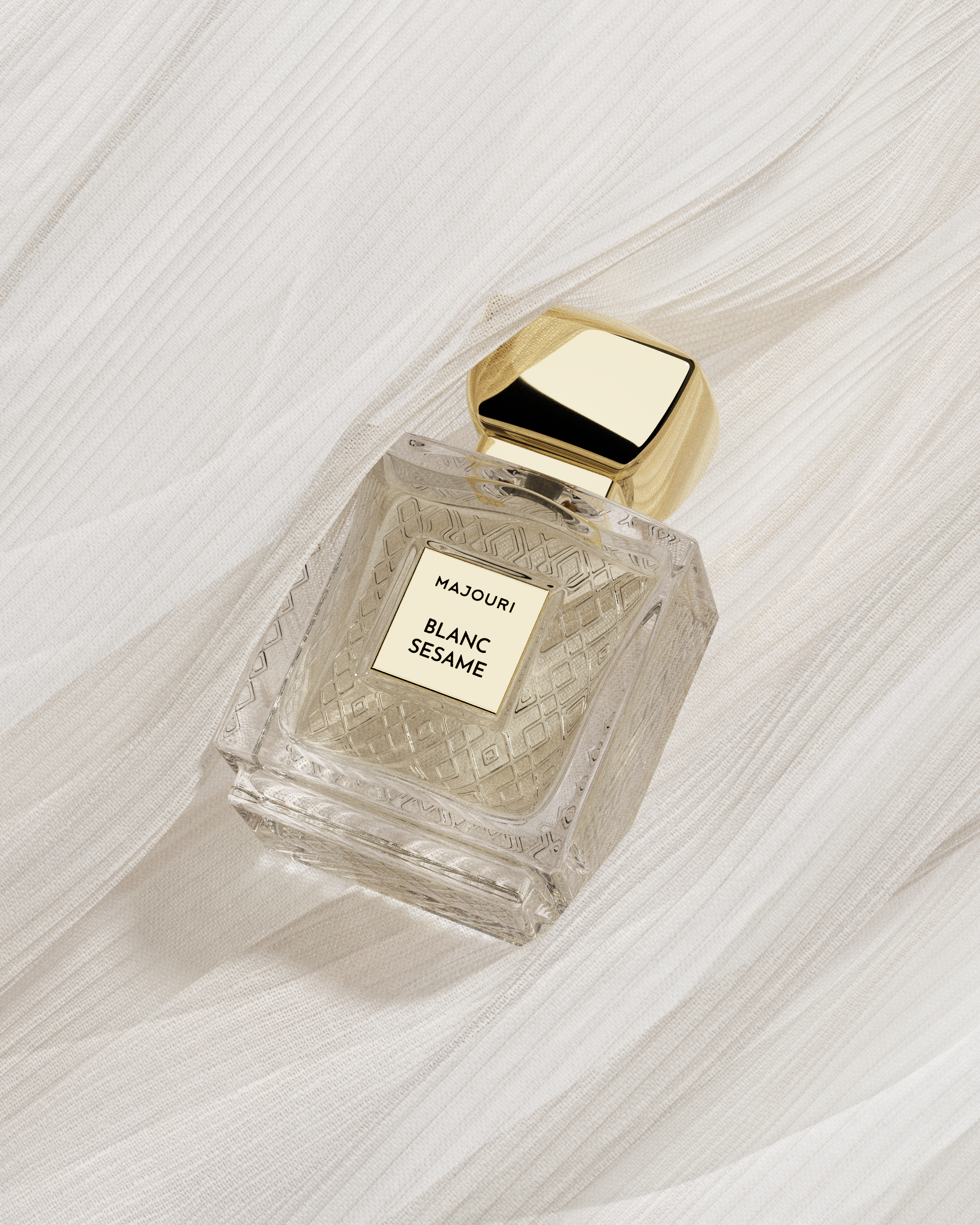 3D rendered Blanc Sésame perfume, showcasing CGI material and lighting mastery.