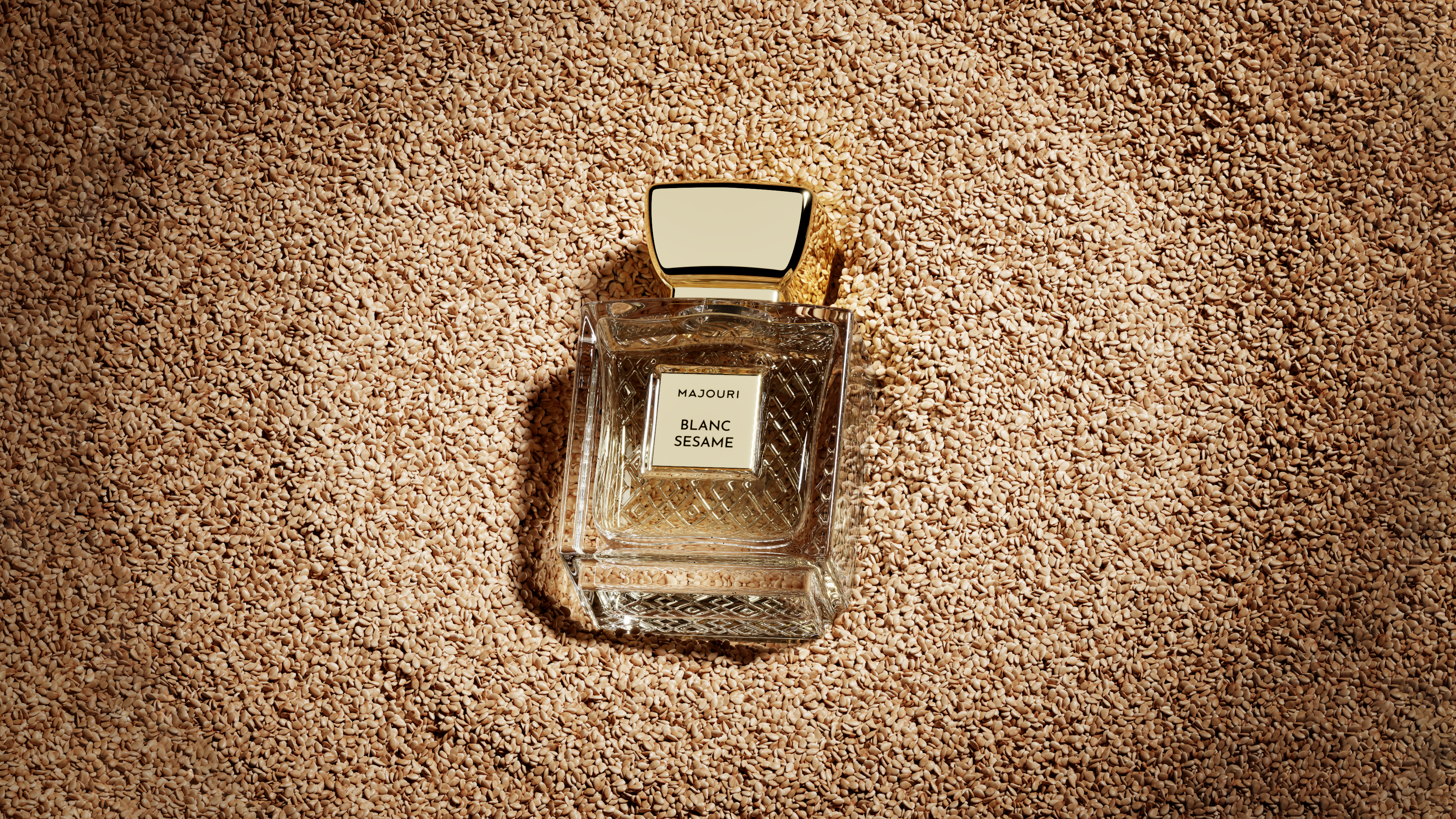 Moody 3D render of Blanc Sésame perfume emerging from darkness, surrounded by red geometric shapes with dramatic CGI lighting and shadows.