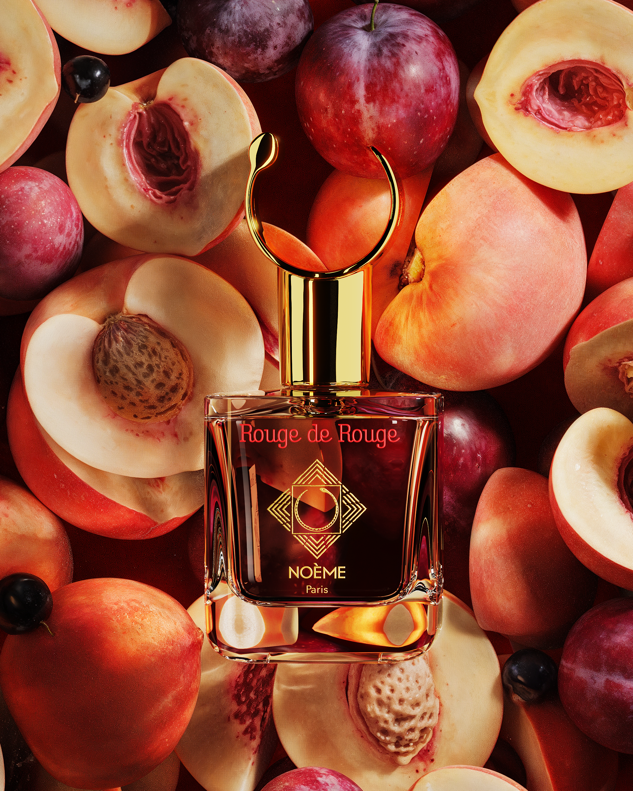 3D rendered Rouge de Rouge perfume nestled in abstract red cubic architecture, showcasing CGI material and lighting mastery.