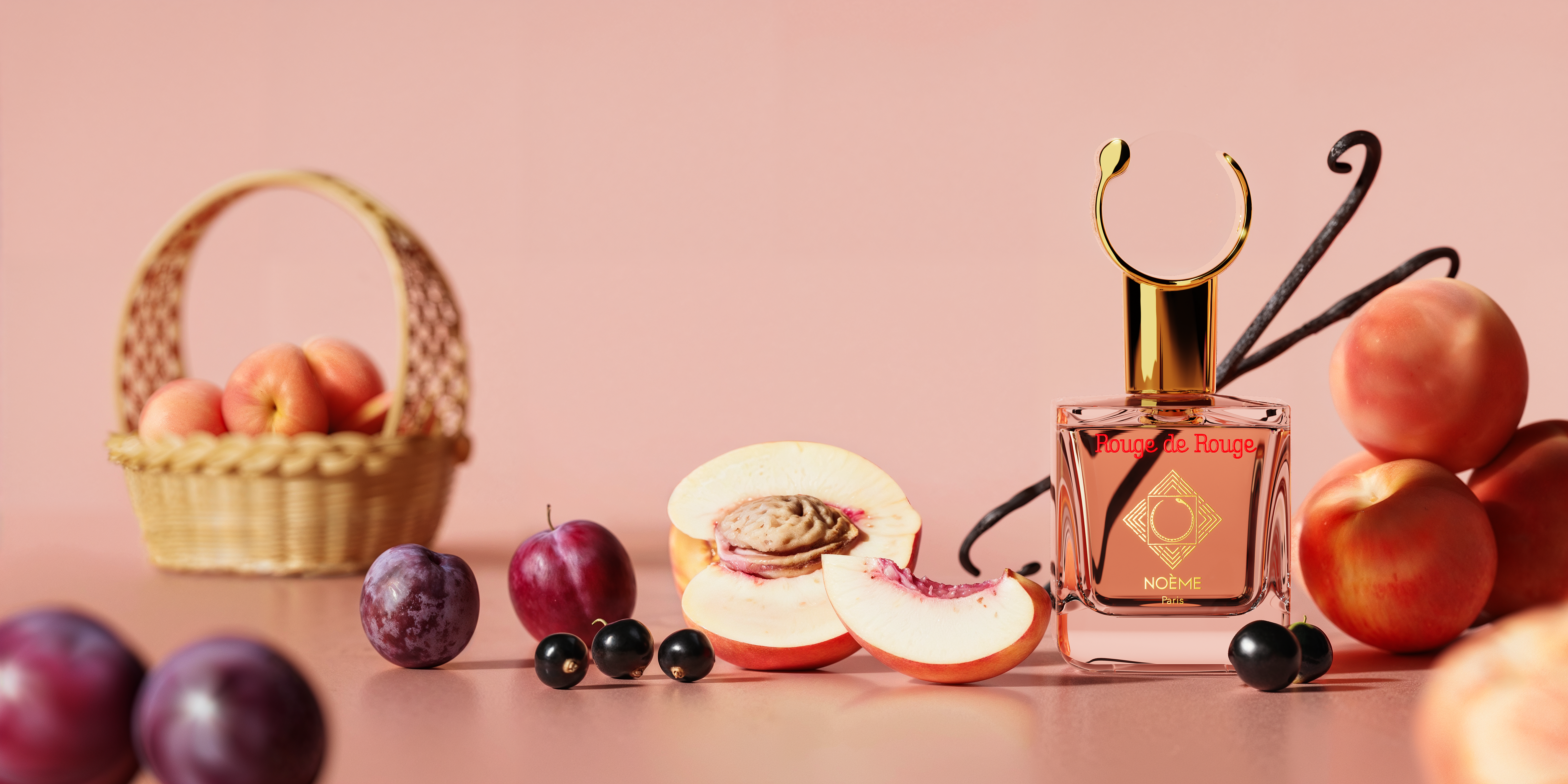 Moody 3D render of Rouge de Rouge perfume emerging from darkness, surrounded by red geometric shapes with dramatic CGI lighting and shadows.