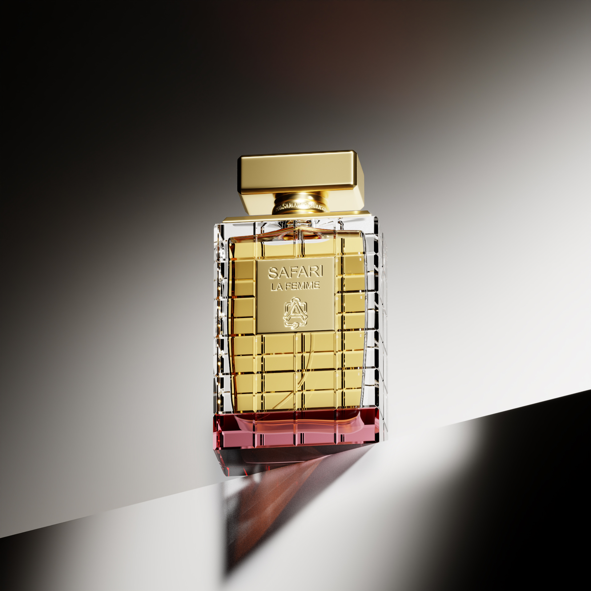 3D rendered Safari perfume nestled in abstract red cubic architecture, showcasing CGI material and lighting mastery.