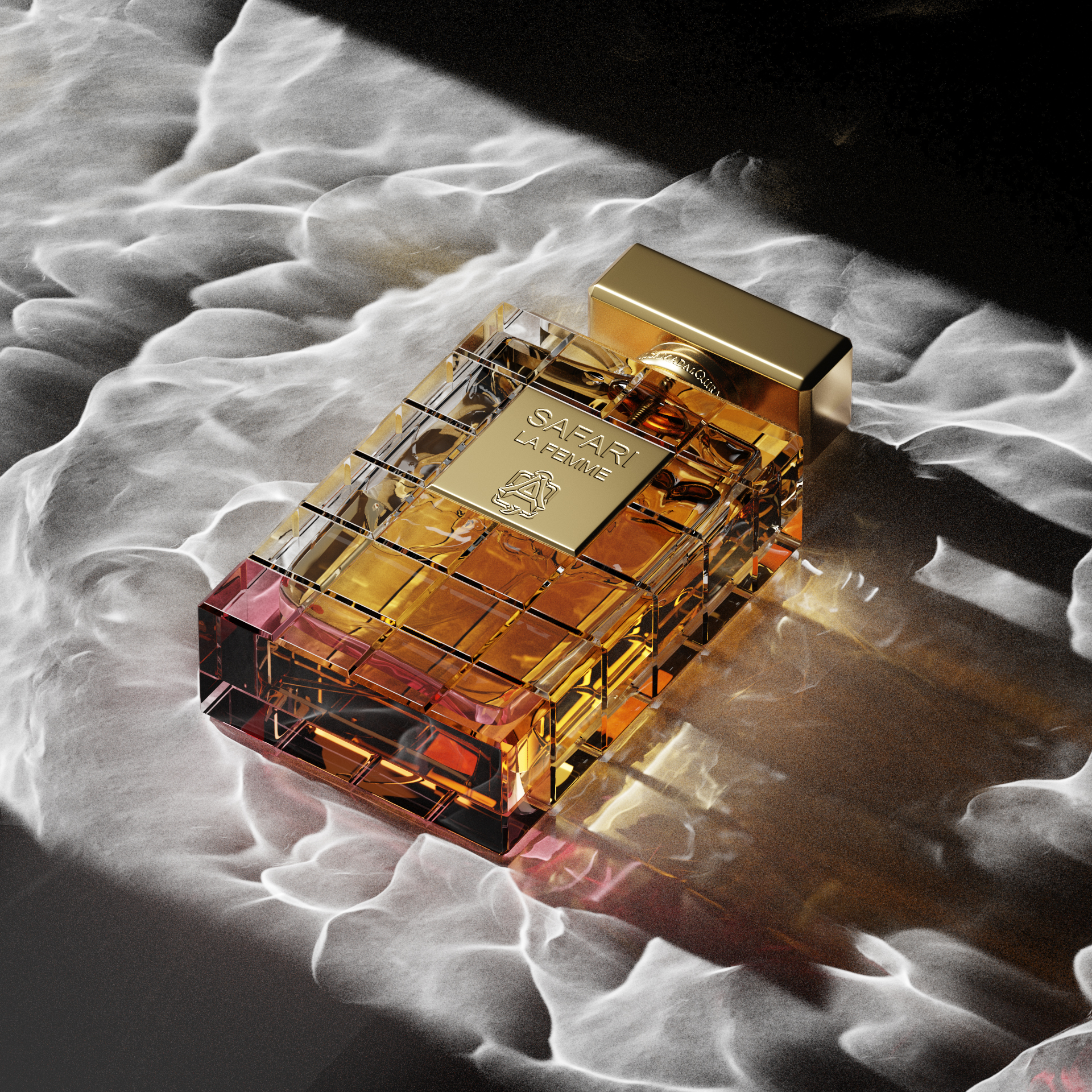 Moody 3D render of Safari perfume emerging from darkness, surrounded by red geometric shapes with dramatic CGI lighting and shadows.